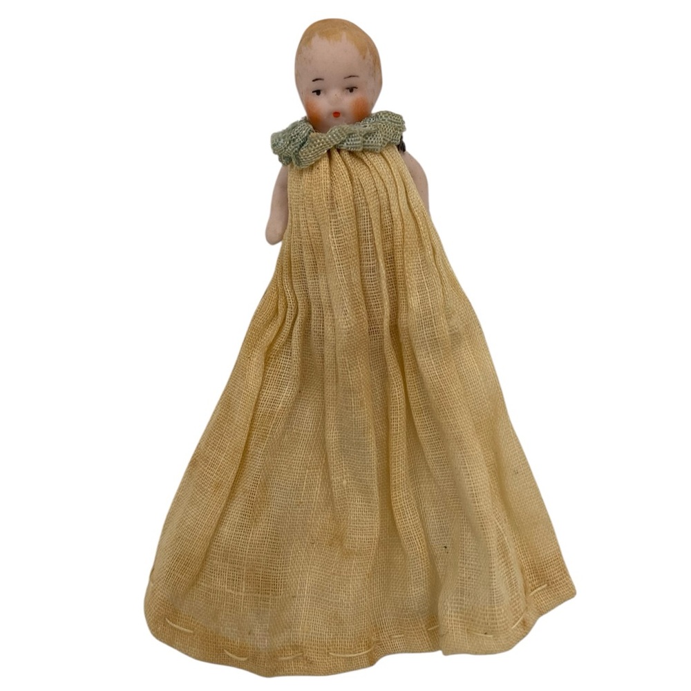 Antique GERMAN Hertwig Candy Miniature Bisque Baby Doll Dress Gown